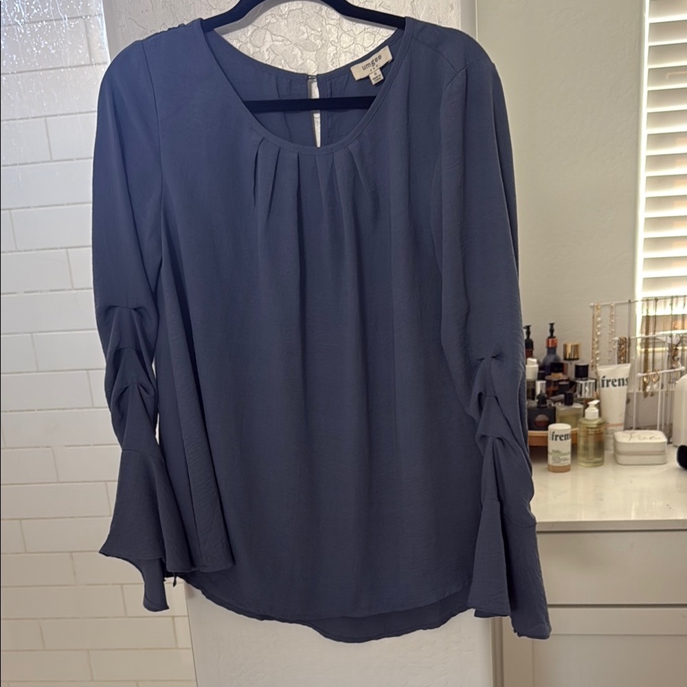 Umgee Blue Relaxed Ruched 3/4 Sleeve Blouse